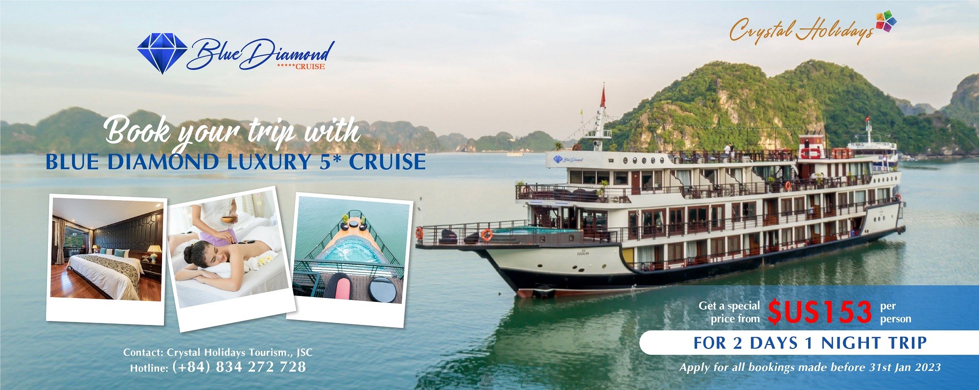 VOUCHER 2D1N FOR A VOYAGE ON LAN HA BAY WITH BLUE DIAMOND CRUISE, GET 5% OFF